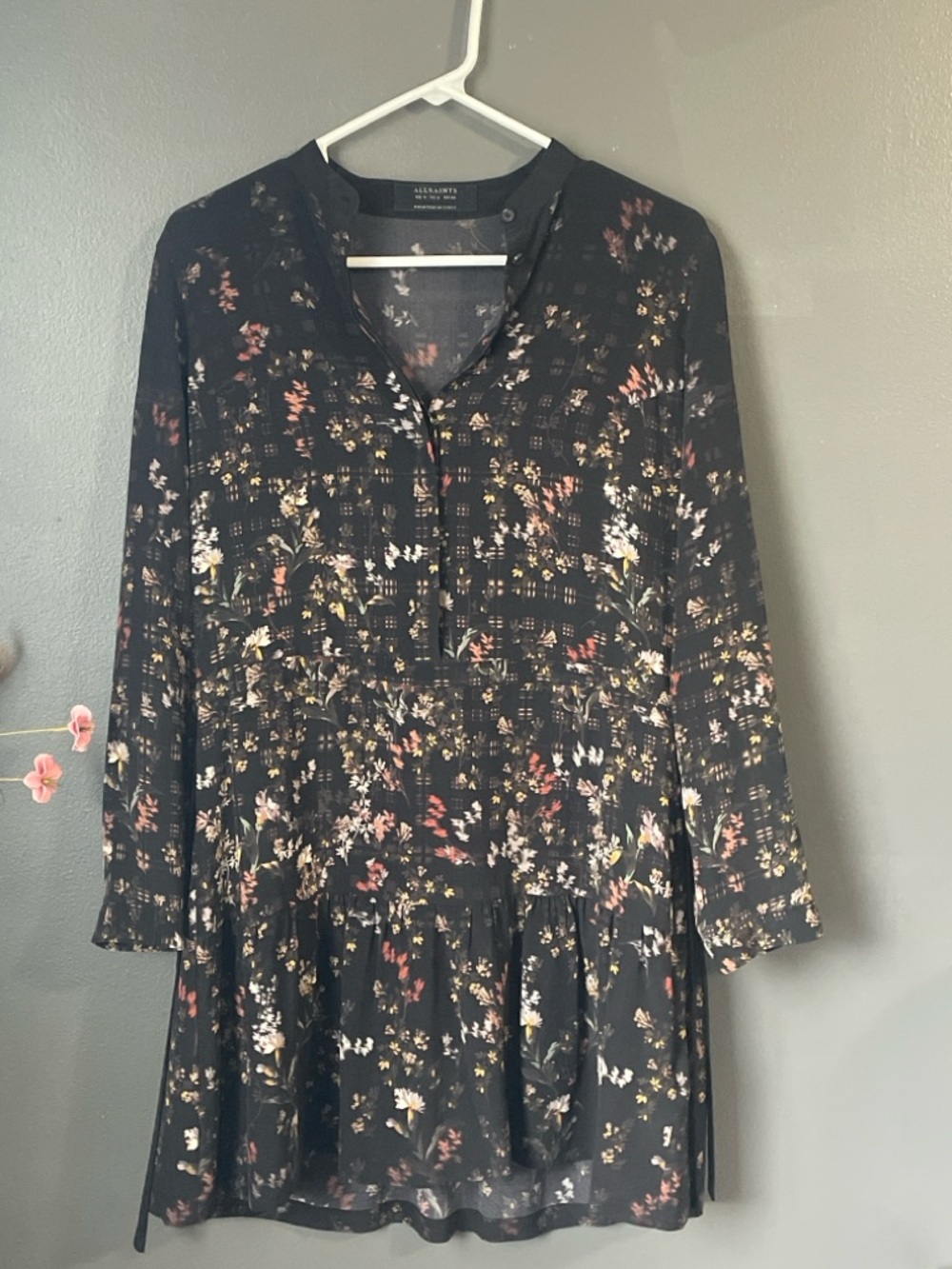 AllSaints Sheer Floral Dress Black Boho Peplum Italy Size US 2